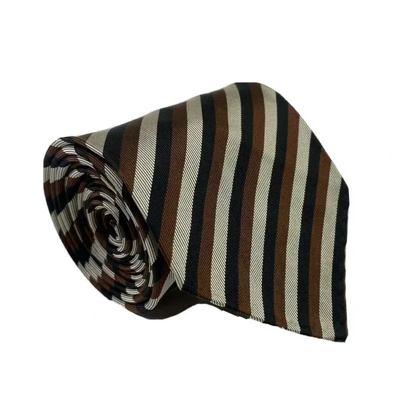 M Ferretti Mens Silk Tie Brown White Blue Striped 3 Inch Width Made in Italy NWT