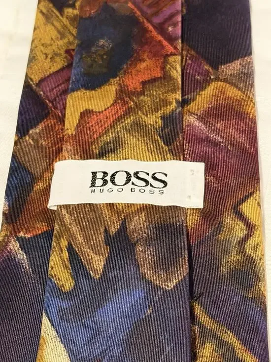 Hugo Boss 100% Silk Tie Made Italy Abstract Multicolor Vintage Mens Necktie