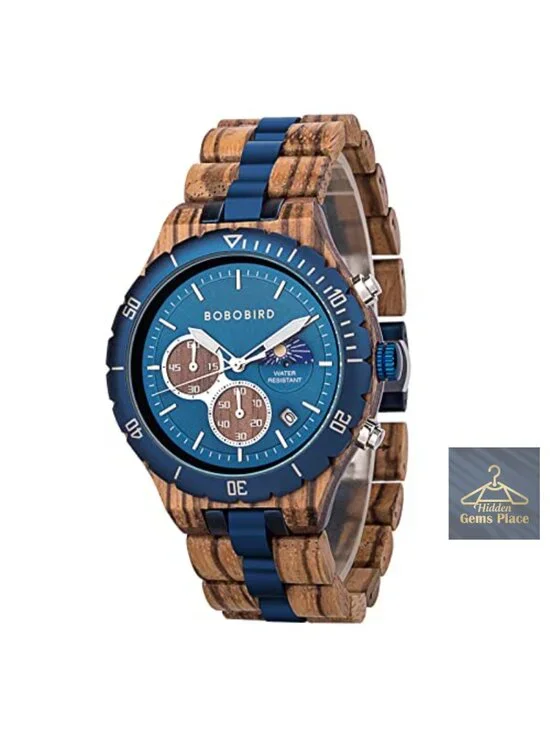 Mens Quartz Wooden Watch Stainless Steel Red Sandalwood Chronograph Luminous