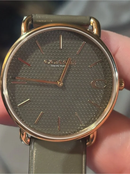 Coach Men's Olive Dial Leather Strap Watch with Rose Gold Accents