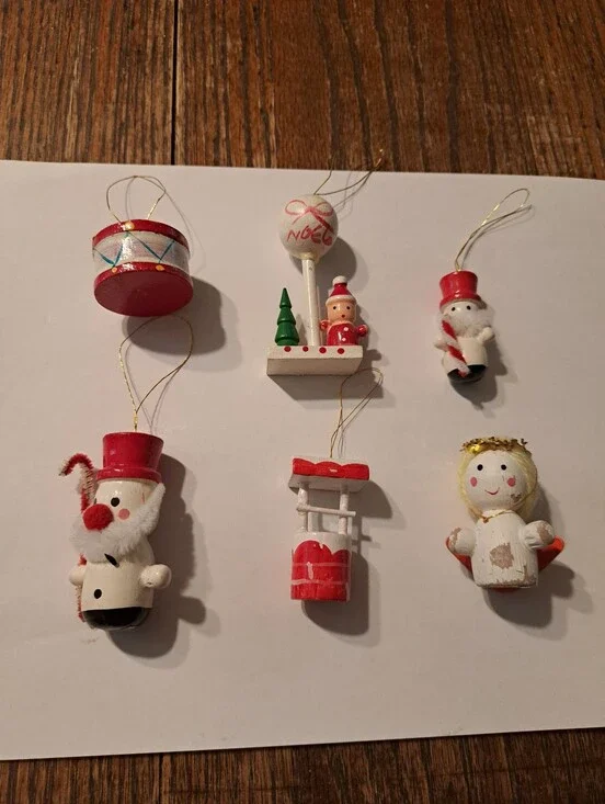 Vintage Wood Christmas Ornaments Lot 6 Hand Painted Wooden Farmhouse Rustic