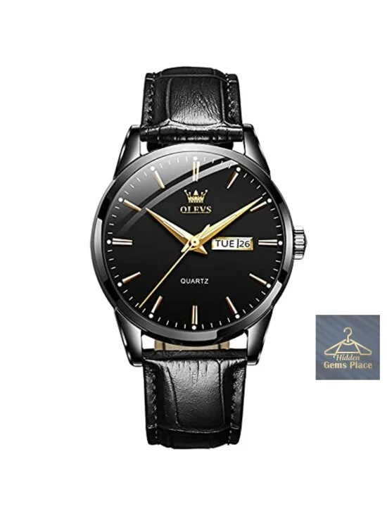 Men's Quartz Dress Watch with Day Date Luminous Hands Stainless Steel Leather
