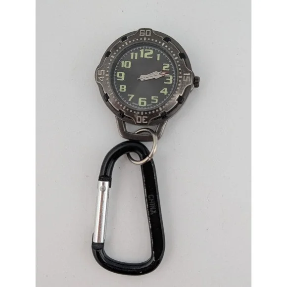 Carabiner Key Ring Watch Men's 42mm Gunmetal Tone Clip On New Battery