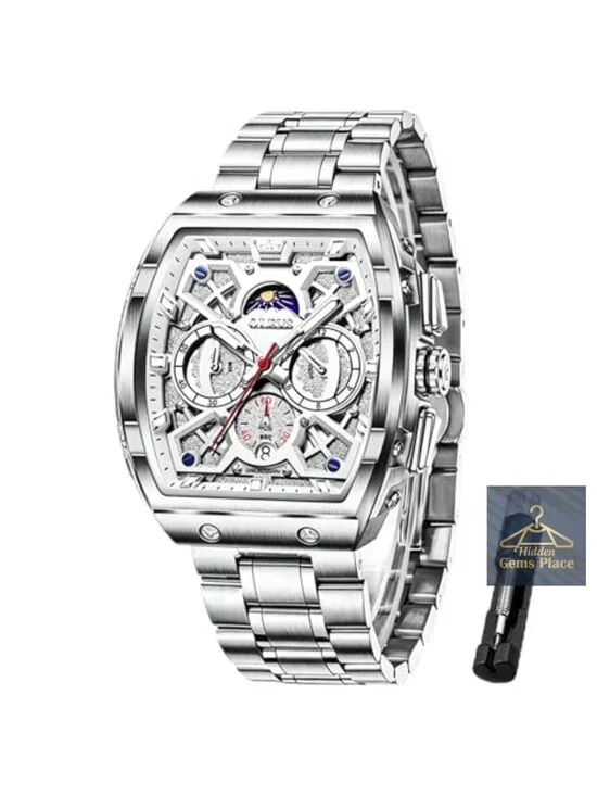Men's Square Watch Chronograph Date Moon Phase Luminous Hands Stainless Steel