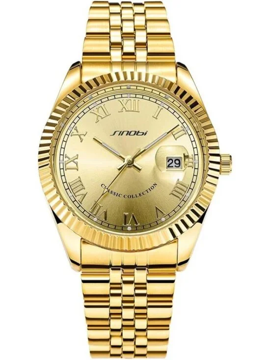 Men's Gold Luminous Hand Calendar Date Quartz Stainless Steel Round Wooden Watch