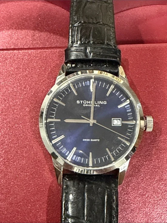 Stuhrling Original Blue Dial Silver Case Black Leather Strap Men's Watch