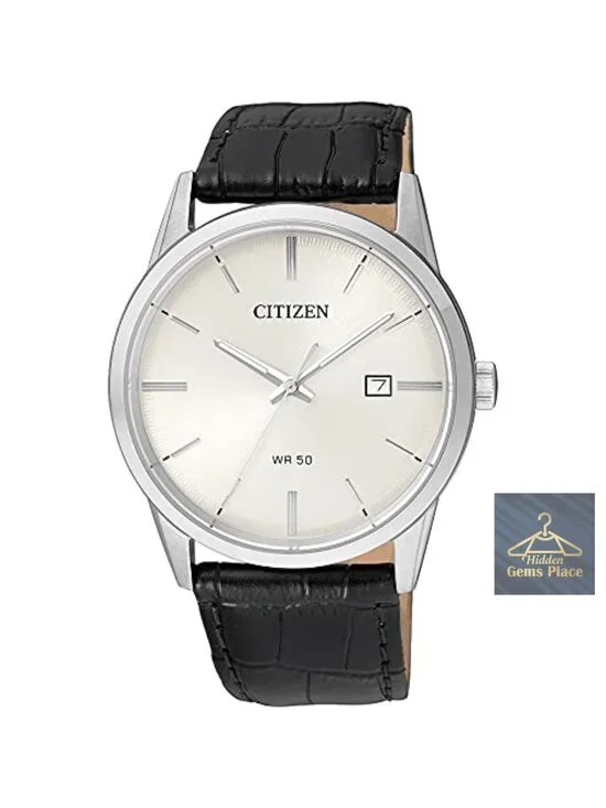 Men's Stainless Steel Quartz Watch with Croco-Embossed Leather Strap, 39mm