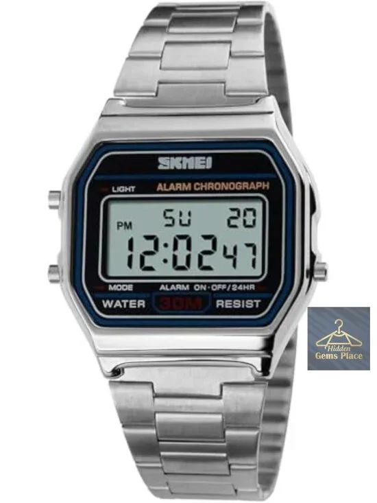 Men's Digital Wrist Watch Stainless Steel Band 30M Water Resistant Square LED