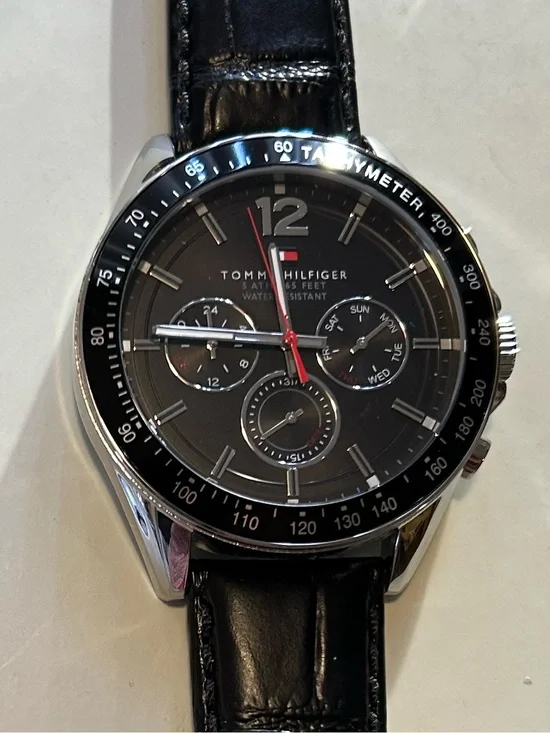 Tommy Hilfiger Watch With 46mm Black Chronograph Face & Black Leather Band