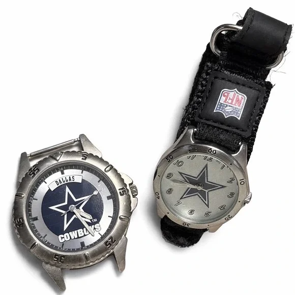 Vtg Dallas Cowboys Watch Lot 1997 Fossil NFL Team Silver Blue Black‎ 2pc
