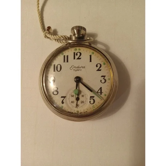Vintage Endura Tuffy Pocket Watch 1960s Silver Tone Made in Great Britain Non-Op