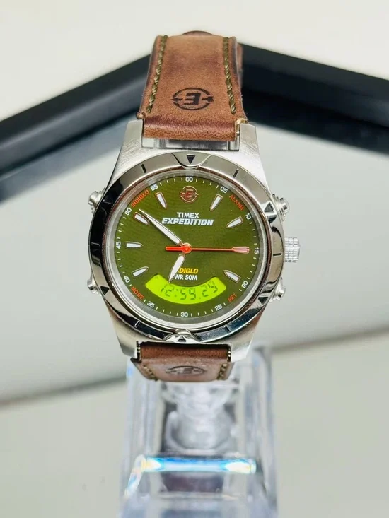 Vintage Timex Expedition Men’s Watch Green Dial Digital INDIGLO New Battery Runs