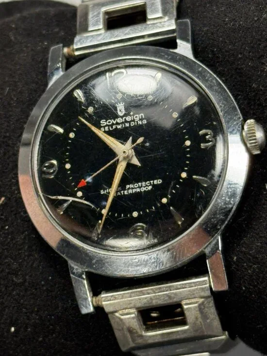 Vintage Sovereign Self Winding Swiss Automatic Watch Black Dial Speidel Runs