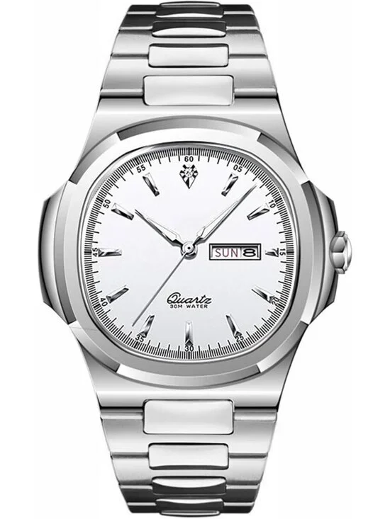 Men's Silver White Stainless Steel Strap Quartz Movement Waterproof Wrist Watch