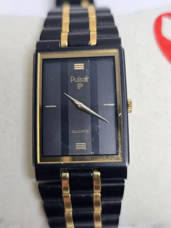 Vintage Pulsar Black and Gold Rectangular Dress Watch