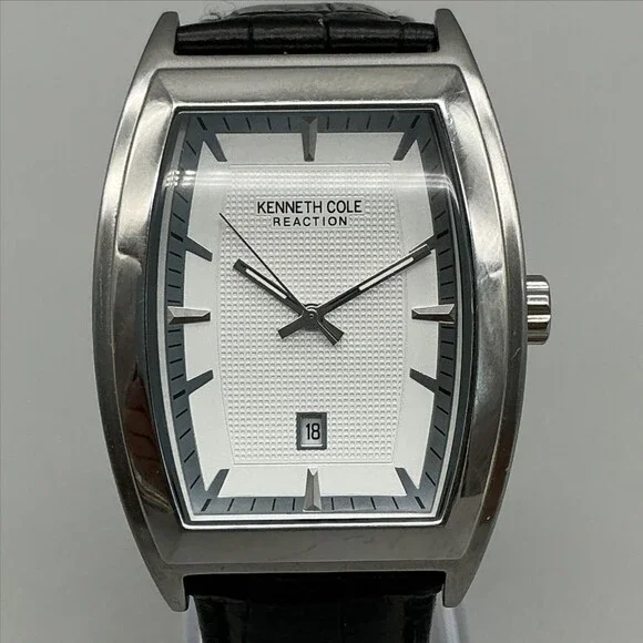 Kenneth Cole Reaction Men Watch 35mm Silver Tone Leather Date KC1667 New Battery