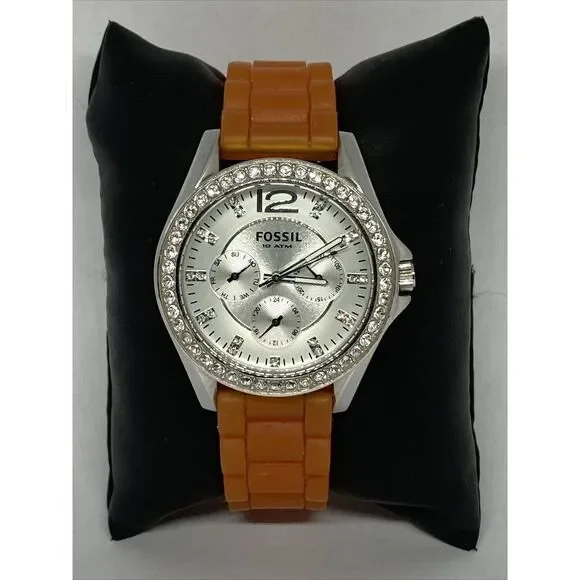 Fossil ES3202 Women Orange Rubber Analog Silver Dial Quartz Genuine Watch HK1018