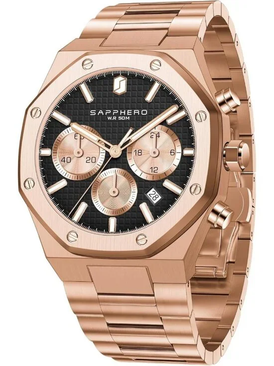 Men's Rose Black Chronograph Quartz Movement Stainless Steel Luxury Wrist Watch