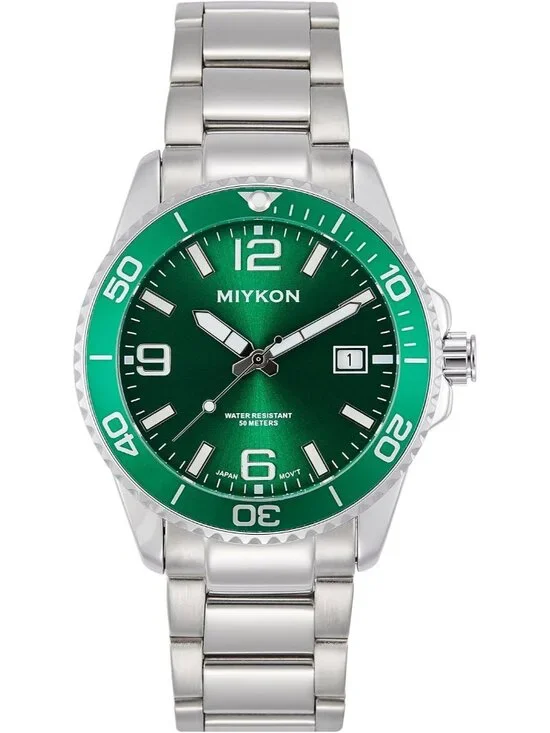 Men's Silver Stainless Steel Bracelet Green Dial Quickset Date Quartz Watches
