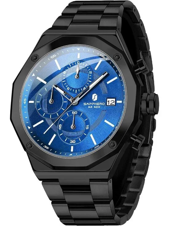 Men's Black Blue Analog Quartz Chronograph Stainless Steel Waterproof Wristwatch