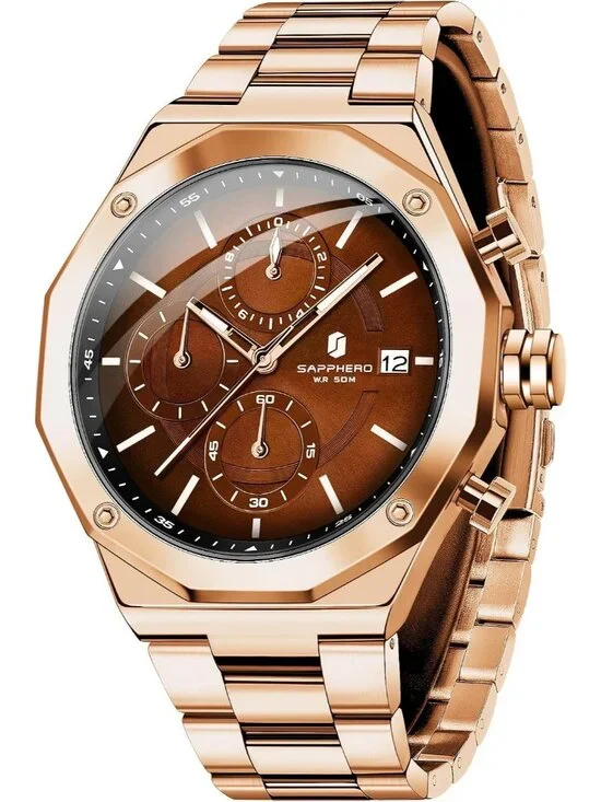 Men's Gold Brown Quartz Chronograph Stainless Steel Waterproof Wrist Watches