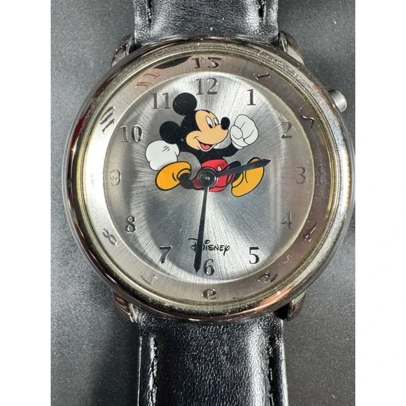 Disney Mickey Mouse Musical Quartz Watch MU0319 Silver Tone Black Leather Band