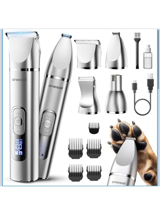 oneisall 4 in 1 Dog Grooming Kit with LCD Display - Rechargeable Pet Hair Trimer