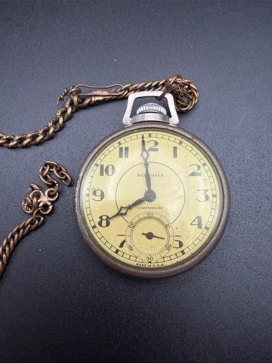 New Haven Compensated Pocket Watch WORKS! #W06 pocket chain vintage