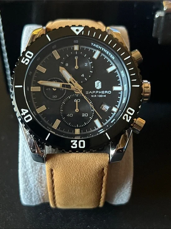 Men's sapphero Black Dial Chronograph Watch Tan Leather Strap