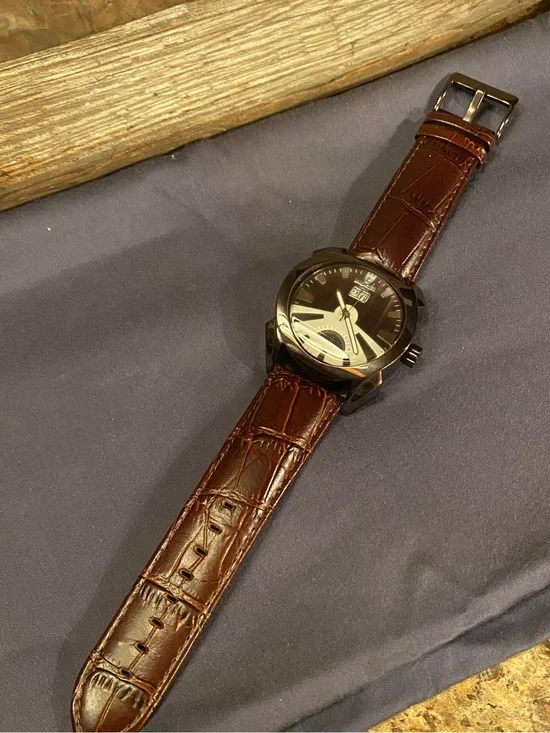 Men's Brown Leather Strap Watch with Dark Dial