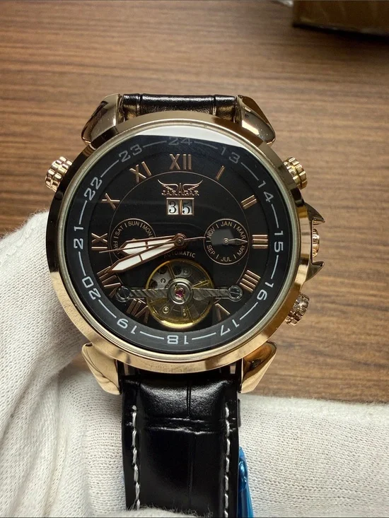 Automatic Black Dial Men’s Watch with Rose Gold Case and Black Leather Strap