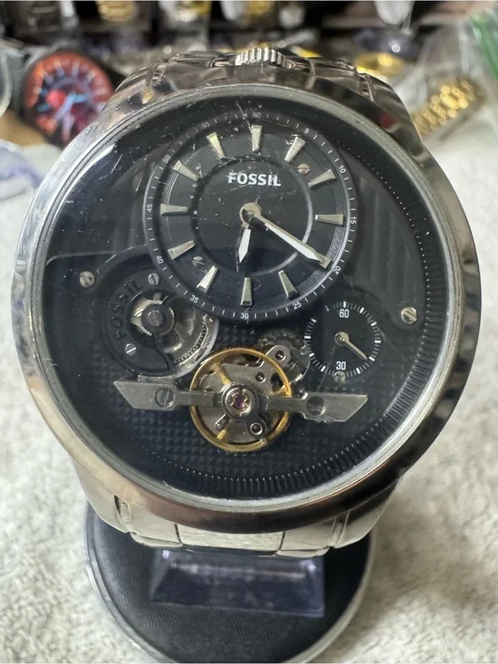 Fossil Black and Silver Open-Heart Automatic Wristwatch