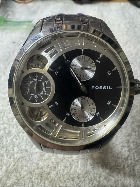 Fossil Men's Silver-Tone Watch with Black Dial and Subdials