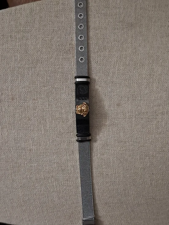 -Inspired Black Silver Mesh Bracelet with Gold Medusa Accent