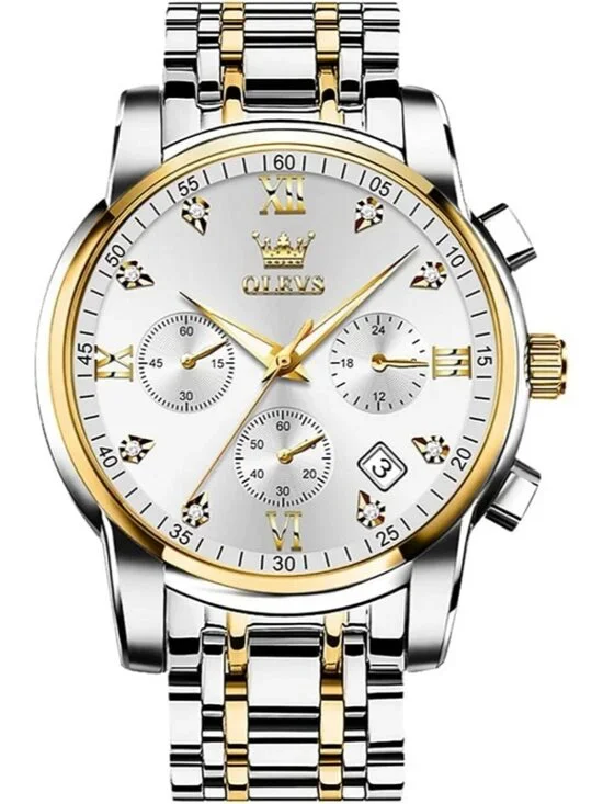 Men's  White Face/Two Tone Strap Stainless Steel Chronograph Waterproof  Watch