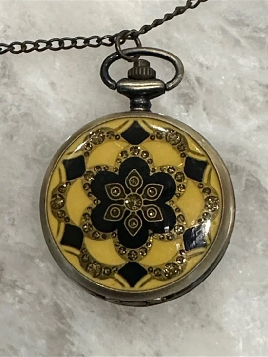 Yellow and Black Floral Pocket Watch Pendant