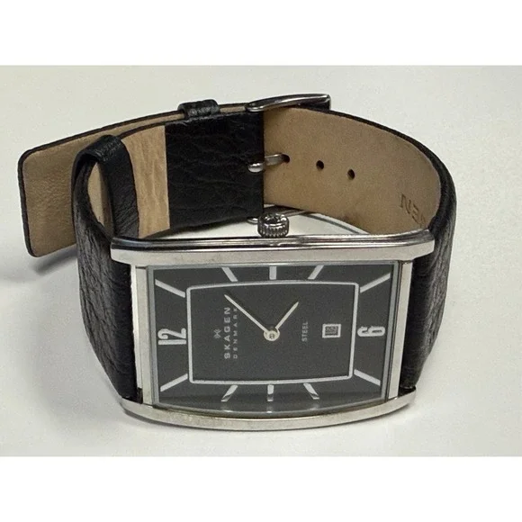 Skagen Denmark 294LSLB1 Men's Rectangular Tank Watch Black Leather New Battery