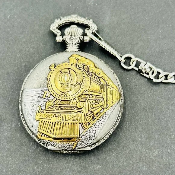 Details Pocket Watch Train Locomotive Quartz Japan Movement Chain Needs Battery