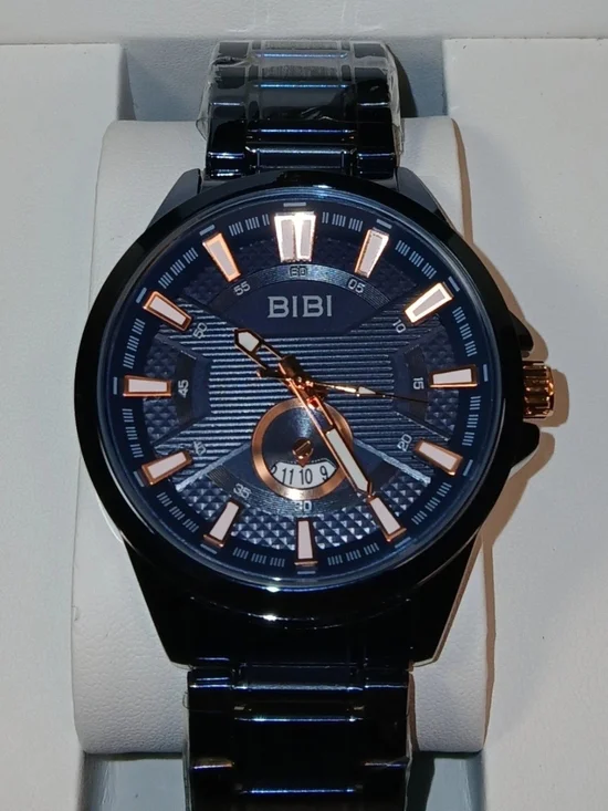 BiBi Mens Quartz Wristwatch Black Stainless Steel Blue Dial Rose Gold Accents...