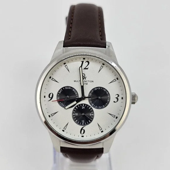 Men's Watch 40MM White Dial Day Date New Brown Leather Bands‎ New Battery