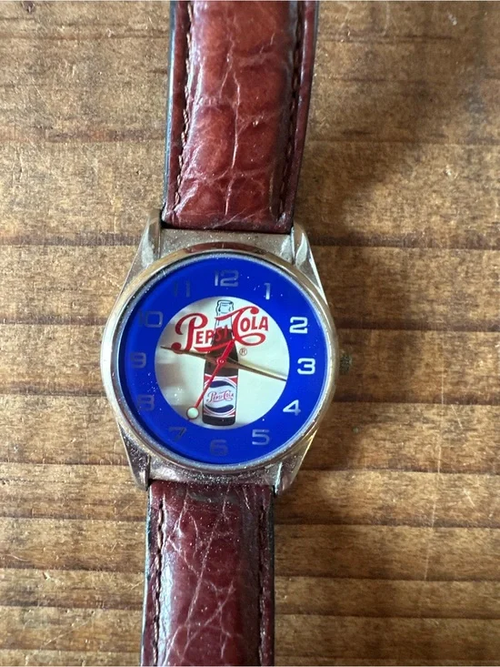 Pepsi Blue Dial Logo Wristwatch with Brown Leather Strap