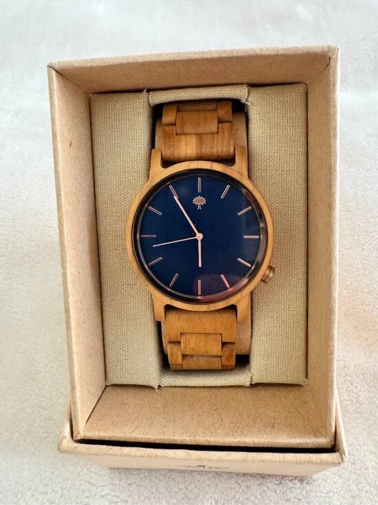 Lux Woods Wooden Watch Blue Dial Natural Wood Bracelet Mens NIB Not Working READ