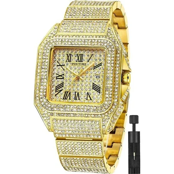 Men's Gold Crystal Bling Rectangle Case Stainless Steel Quartz Analog Watch