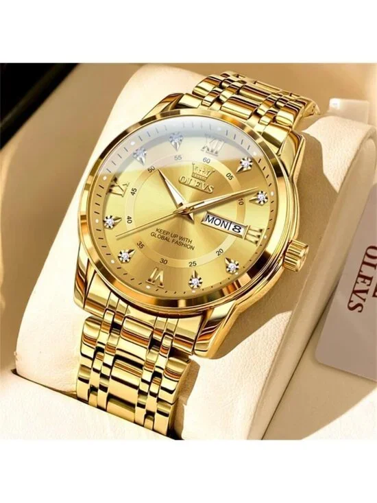 Men's Gold Quartz Stainless Dimond Steel Waterproof Luminous Luxury Wooden Watch