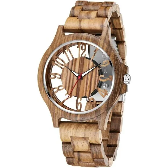 Men's Silver Brown Lightweight Wooden Analog Quartz Deployment Closure Watches