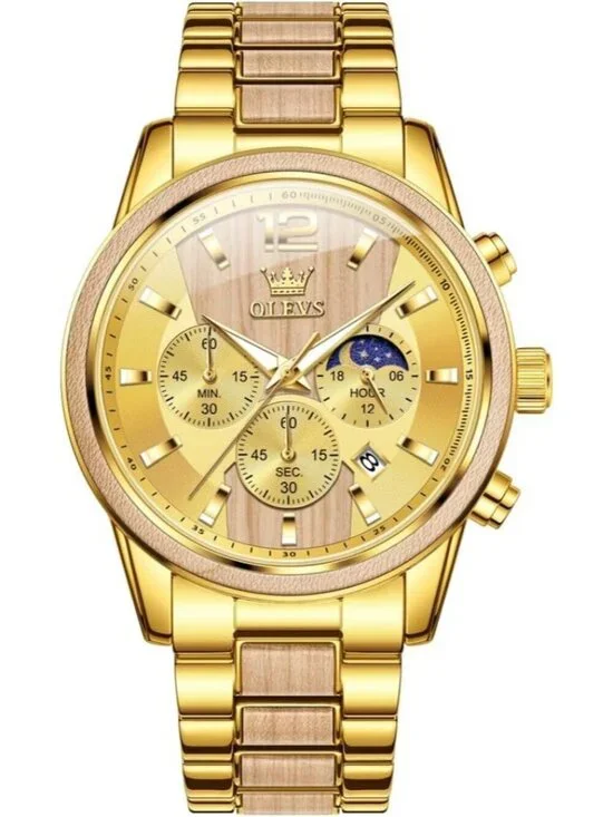 Men's Gold Quartz Stainless Steel Waterproof Luminous Date Luxury Wooden Watch