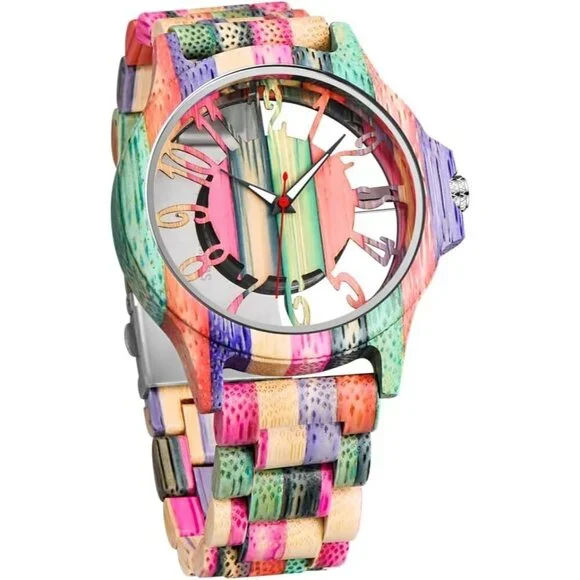 Men's Colorful Handmade Colorful Bamboo Engraved Analog Quartz Wooden Watch
