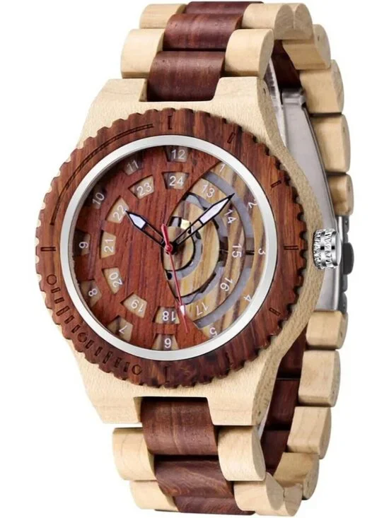 Men's Red Brown Classic Handmade Round Bamboo Analog Date Quartz Wooden Watch