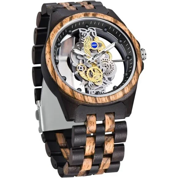 Men's Black Brown Wooden Lightweight Deployment Closure Analog Quartz Watches