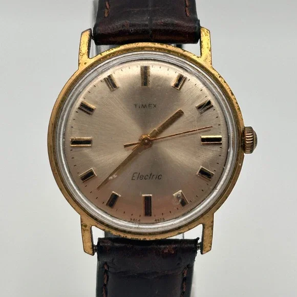 Vtg‎ Timex Electric Mens Watch Gold Tone Champagne Dial Brown Leather FOR REPAIR